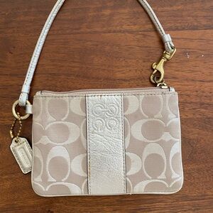Coach Beige and Cream Signature Wristlet with Gold Hardware